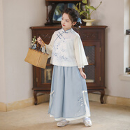 旗鉑漢服女童春秋2025新款國(guó)風(fēng)新中式唐裝兒童古風(fēng)超仙長(zhǎng)袖套裝 戲花雨藍(lán)色 150