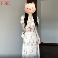 FSHE法式碎花V領泡泡袖連衣裙女秋季溫柔甜美收腰顯瘦氣質絕美長裙 掛枝海棠碎花【今年流行漂亮別致 2XL 65/70kg