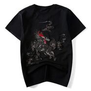 t恤男2024夏季新款國(guó)潮中國(guó)風(fēng)麒麟刺繡寬松肥佬純棉半袖體恤純棉t 黑色 XXL