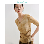茵曼（INMAN）【商場(chǎng)同款】新中式印花T恤2025夏季女裝新款腰側(cè)捏褶V領(lǐng)上衣 黃花色 S