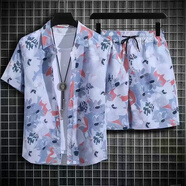 狄帝鯊海南島沙灘服三亞旅游冰絲港風(fēng)襯衣夏威夷花襯衫島服男女短袖套裝 C72套裝【紫色】 3XL