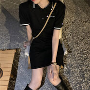 冠軍涂鴉連衣裙夏季女裝2025新款polo領(lǐng)純棉裙子短袖包臀修身顯瘦潮 黑色刺繡款 2XL 135-150斤