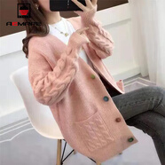 AEMAPE針織衫女2025春秋冬季新款毛衣開(kāi)衫女寬松麻花長(cháng)袖慵懶風(fēng)外套新年 粉紅色 XL