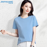 真維斯（JEANSWEST）T恤女夏季薄款圓領(lǐng)打底衫內搭短袖純棉白色純色上衣百搭淺藍L