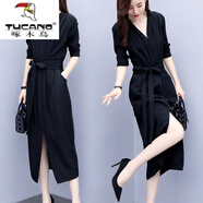 啄木鳥(niǎo)（TUCANO）輕奢高檔女裝 黑色名媛氣質(zhì)V領(lǐng)雪紡連衣裙女長(cháng)袖收腰顯瘦輕奢女人 黑色 L
