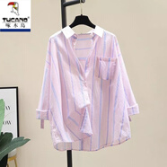 啄木鳥上衣粉色棉麻條紋襯衫女夏2025新款韓版寬松休閑薄款襯衣外套 粉紅色 XL 115-125