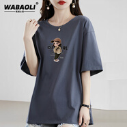 WABAOLI高端品牌 短袖t恤女純棉夏季寬松顯瘦韓版中長(zhǎng)款遮屁股半袖體恤 灰色【帽子女孩】 XL（建議體重145-165斤）