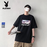花花公子（PLAYBOY）純棉短袖t恤男2025夏季新款美式ins帥氣寬松情侶打底半袖體.恤潮 黑色(佩恩) 重磅純棉 M (85-105斤)