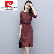 皮爾卡丹（pierre cardin）職業(yè)女裝春秋新款圓領(lǐng)長袖條紋連衣裙氣質(zhì)修身中長款秋冬打底裙子 棗紅 XL