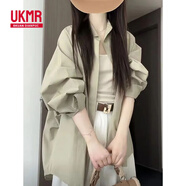 UKMR寬松休閑防曬開(kāi)衫襯衣上衣夏季新款設計感小眾長(cháng)袖綠色襯衫外套女 綠灰色 M 建議90-100斤