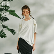 日著原創(chuàng)設(shè)計女裝2024夏季新款上衣寬松圓領(lǐng)短袖拼接毛邊針織T恤 光斑白 L