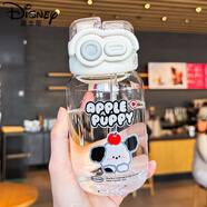 迪士尼（Disney）水杯玻璃杯女高顏值夏天耐高溫單層吸管便攜學(xué)生家用喝水杯子 【吸管+雙飲】蘋果小狗 580ml