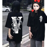 文頗100%純棉短袖t恤女夏季寬松潮港風(fēng)ins情侶小眾設(shè)計(jì)感百搭體恤衫上 220克-黑 XL