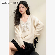 西遇慵懶溫柔甜美釘珠蝴蝶結(jié)針織衫女2024秋季深V領(lǐng)寬松毛衣 杏色 L