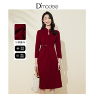 黛瑪詩(shī)【東方簡(jiǎn)奢風(fēng)】新中式紅色開(kāi)叉手工盤(pán)扣連衣裙收腰顯瘦改良旗袍裙 紅色 XL