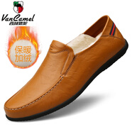 西域駱駝（VANCAMEL）皮鞋男真皮軟皮軟底商務(wù)休閑豆豆鞋男春秋季一腳蹬懶人中年爸爸鞋 8222黃棕加絨 男款 x 40 標準皮鞋尺碼