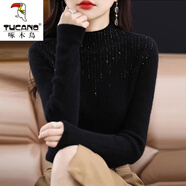 啄木鳥(niǎo)羊毛衫女半高領(lǐng)鑲鉆一體絨毛衣針織打底衫秋冬新款修身套頭長(cháng)袖內 黑色【不加/絨】 M 建議95-105斤