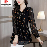 初徑九月陌墨中長(cháng)款收腰長(cháng)袖雪紡襯衫女秋季新款遮肚藏肉顯瘦裙擺上衣 黑色花 M 建議80-100斤