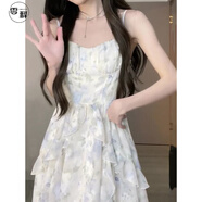 零釋甜美風(fēng)雪紡碎花連衣裙套裝女春秋2025夏天新款法式超仙吊帶裙子 碎花吊帶裙藍色（單裙） M （95-105斤）