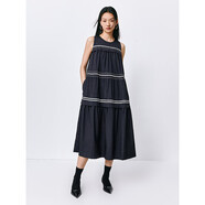 太平鳥(niǎo)女裝連衣裙法式撞色夏高級感圓領(lǐng)無(wú)袖長(cháng)裙百褶裙子 藏青 S