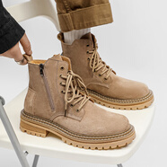 LBEL時(shí)尚馬丁靴男款英倫風(fēng)中幫真皮復古工裝靴高幫男士休閑靴子男鞋潮 卡其色 （運動(dòng)鞋尺碼減小1碼拍） 41 單層偏大一碼，加絨款正碼正拍