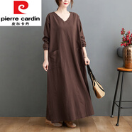 皮爾卡丹（pierre cardin）特大尺碼220斤女裝長(cháng)袖連衣裙春秋寬松減齡V領(lǐng)肥大遮肉棉麻長(cháng)款袍 咖啡色 收藏加購優(yōu)先發(fā)貨今年流 均碼 大