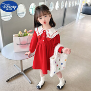 迪士尼（Disney）兒童春秋季新款2025女童甜美長袖公主連衣裙女寶寶秋裝時(shí)髦裙子潮 紅色 140cm 【建議125-135cm 7-8周歲