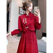 妍莉芬（yanlifen）新中式女裝旗袍過年紅色連衣裙敬酒服套裝女秋冬新娘禮服紅色衣服 酒紅色套裝 L 【106-115斤】