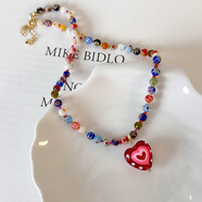 霧添花甜酷可愛(ài)彩色串珠項鏈紅色愛(ài)心復古琉璃吊墜鎖骨鏈頸鏈 主圖款