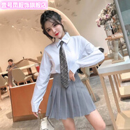 壹號鳳三件套學(xué)院風(fēng)百褶裙套裝女夏寬松襯衫女學(xué)生韓版制服jk制服女 白色長(cháng)袖襯衫+灰色百褶裙+條紋領(lǐng) L -110斤