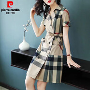 皮爾卡丹（pierre cardin）官方高端香云紗裙子2026夏季新款女裝時(shí)尚格子襯衫裙寬松顯瘦OL氣 品牌旗艦軍綠色甄選面料 2XL 品牌旗艦(建議130-145斤)