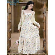 瑪希迪2024夏新款連衣裙法式鹽系夏日花朵小清新碎花顯瘦吊帶裙度假長(cháng)裙 吊帶裙+開(kāi)衫外套 L