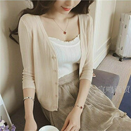 裙子外搭小披肩夏天夏季七分袖冰絲針織小披肩韓版春秋百搭薄外套女防曬開(kāi)衫外搭短款 杏色 M 90-100斤