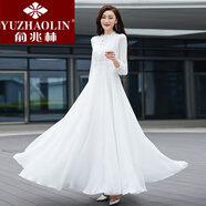 俞兆林（YUZHAOLIN）新款女長袖系帶領純色雪紡連衣裙修身顯瘦沙灘度假長款大擺裙 白色 M _建議90-103斤