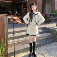 伊琦蕾小香風套裝裙兩件套秋冬新款娃娃兩件套毛撞色外套半身裙毛呢套裝 米色黑外套+裙【兩件】 M