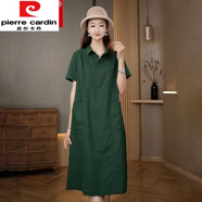皮爾卡丹（pierre cardin）棉麻連衣裙棉綢夏季女高端新款寬松休閑裝氣質裙子薄2025流行穿搭 綠色面料 2XL 建議125-140斤