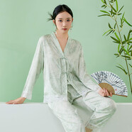 故事佳人冰絲睡衣清新綠蕾絲新中式水墨長(cháng)袖長(cháng)褲兩件套送媽媽送老婆禮盒裝 青漾 M