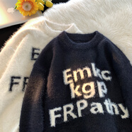 POUM馬海毛慵懶風(fēng)圓領(lǐng)毛衣男秋冬新款字母打底衫美式潮牌寬松情侶外套 YHSFG-MY116黑色 L