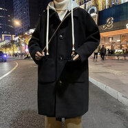 狄帝鯊（DIDISHA）毛呢大衣男春秋新款中長(cháng)款過(guò)膝西裝領(lǐng)雙排扣呢子風(fēng)衣外套加厚潮流 仙美鵝-J49【黑色】 3XL