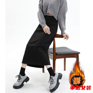 事思黑色后開(kāi)叉毛呢裙女秋冬加絨高腰中長(cháng)款包臀裙直筒顯瘦A字半身裙 黑色加絨 加厚 S 160