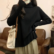 高領(lǐng)厚毛衣女寬松慵懶風(fēng)冬季坑條加厚毛衣外穿內(nèi)搭時尚顯瘦打底衫 黑色 均碼【85-170】