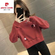 皮爾卡丹純棉春秋新款小個(gè)子短款圓領(lǐng)無(wú)帽衛衣女寬松時(shí)尚高腰上衣印花 磚紅色M字母【純棉】 L 建議100-110斤