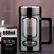 富光大容量辦公杯帶把手帶手柄透明玻璃杯防摔加厚水杯男女士泡茶杯子 680ml 黑色