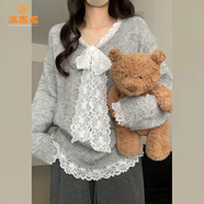 派吉鯊蕾絲拼接假兩件v領(lǐng)針織衫女2025新款秋冬寬松慵懶風(fēng)寬松毛衣軟糯 【灰色】慵懶風(fēng)/奶fufu慵懶/寬松 XL 60/65kg