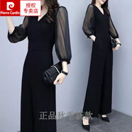 皮爾卡丹（pierre cardin）品牌黑色雪紡休閑褲2025春秋新款高腰顯瘦垂感闊腿連體褲套裝女褲 黑色 M