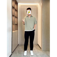 軒森圖（XUANSENTU）微胖男生顯瘦穿搭夏季短袖T恤男條紋連帽半袖體恤寬松大碼胖子潮 CS239卡其色+黑色褲子 4XL (190) 建議200-225斤