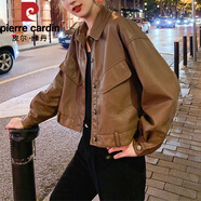 皮爾卡丹（pierre cardin）皮衣外套女2025春秋新款早秋寬松短款棕色復(fù)古小個(gè)子百搭皮夾克潮 深棕色 M 110-125斤左右