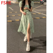 FSHE2025年春夏季復古甜美純欲綠色長裙子法式小眾泡泡袖碎花連衣裙女 綠色碎花裙 M