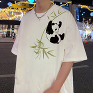 KIN DON2024夏季短袖T恤男國風(fēng)熊貓印花圓領(lǐng)棉質(zhì)體恤衫寬松港風(fēng)男裝 白色 M