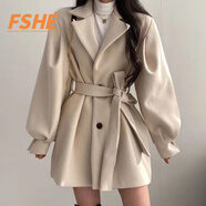 FSHE黑色毛呢外套女秋冬裝2025新款潮中長(zhǎng)款韓版西裝領(lǐng)小個(gè)子呢子大衣 杏色 L 建議105-115斤